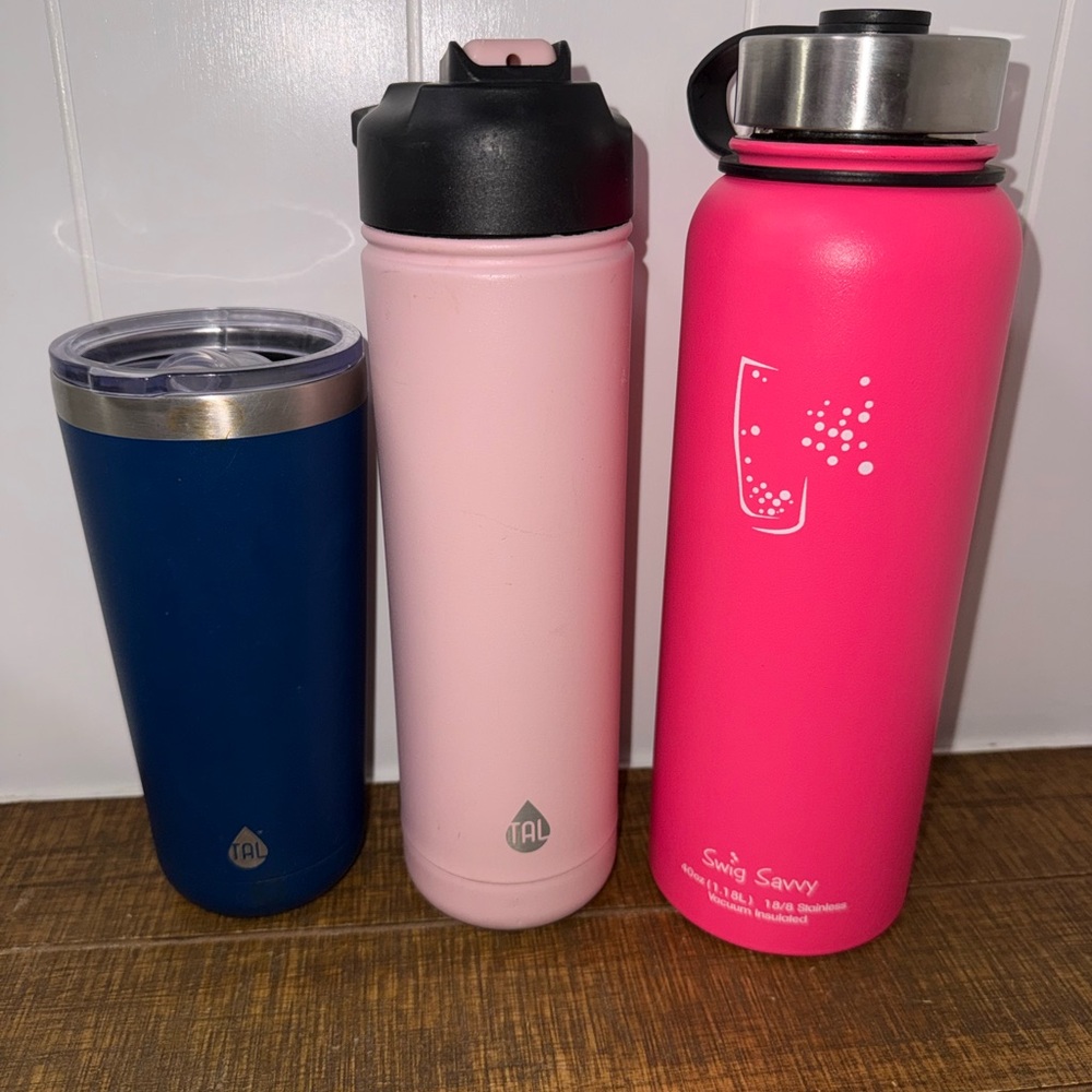 3 Pink Swing Savvy Stainless Water Bottle + Pink & Navy Insulated Tumblers
